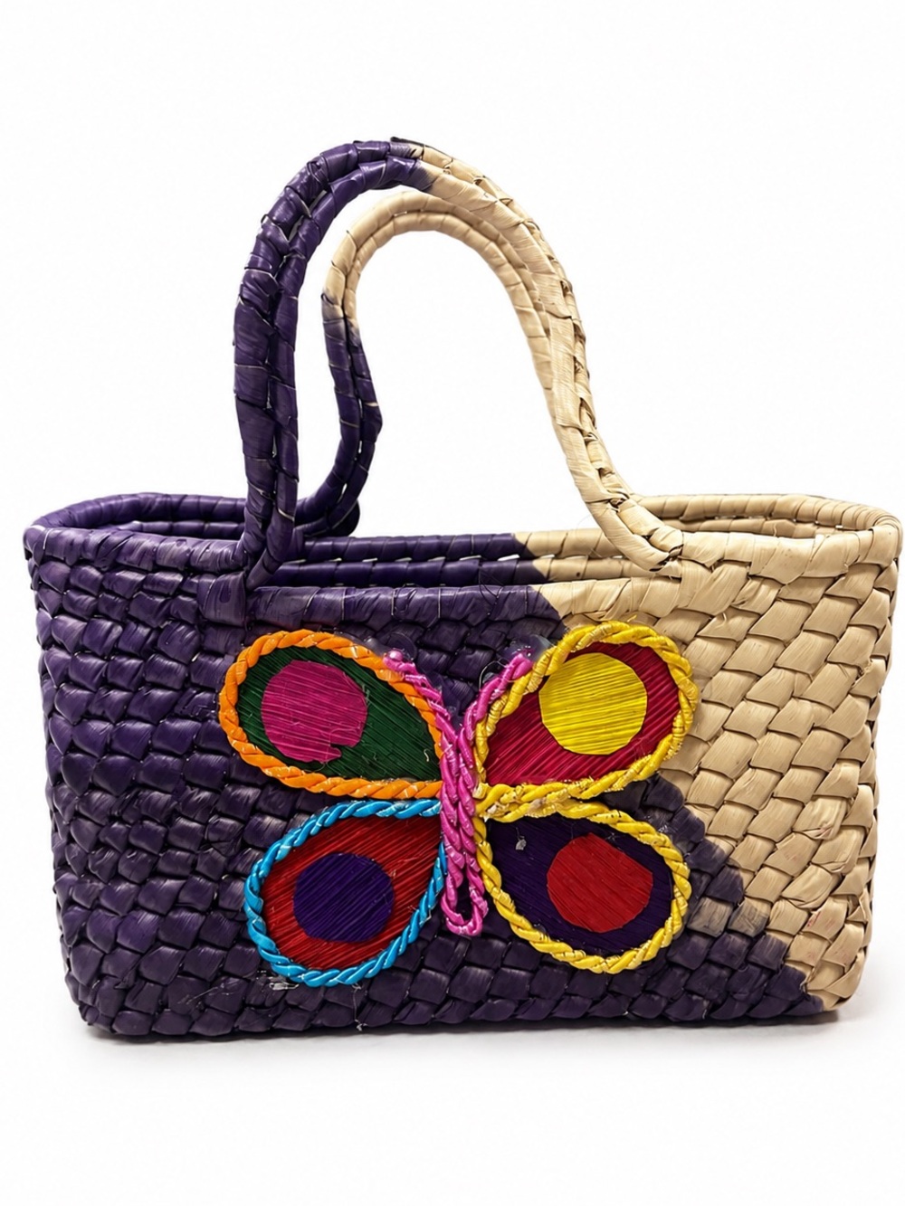Handwoven Purple & Natural Tote with Colorful Butterfly Accent